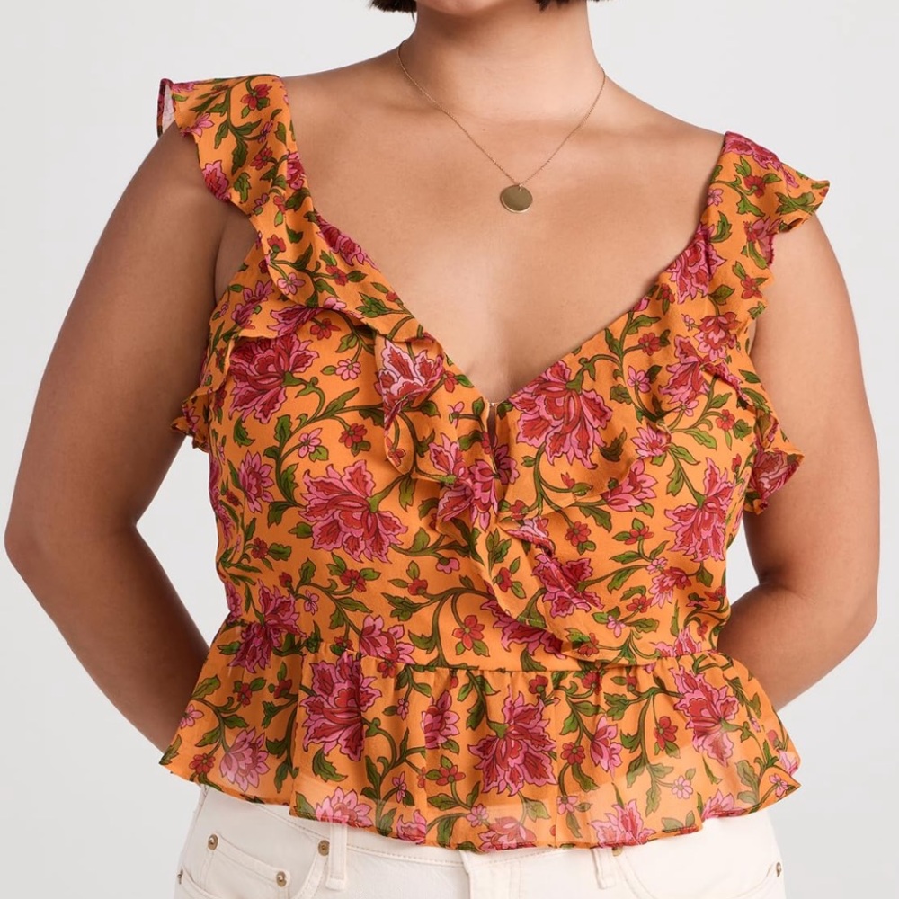 Floral Ruffle V-Neck Top - Yellow and Pink